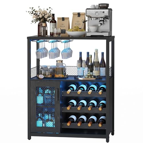 Garvee Armario para Vino Industrial con LED, Mueble Bar con Estante Ajustable 12 Botellas, Soporte para Copas, Puerta de Vidrio y Rejilla Metálica, para Cocina, Comedor o Salón, Negro 69 x 35 x 92 cm