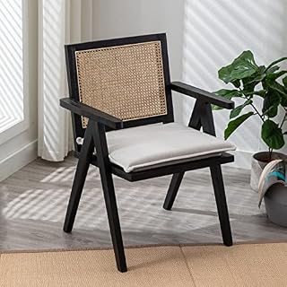 Wahson Mid Century Dining Chair Rattan Kitchen Chair Upholstered Leisure Chair with Solid Wood Legs, Comfy Retro Armchair for Living Room/Dining Room, Black