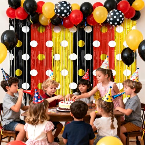 Image of 2 Packs Red Black Yellow Foil Fringe Curtain, Mouse Polka Dots Glitter Metallic Tinsel Backdrop for Birthday Baby Shower Cartoon Mouse Party Decorations Supplies