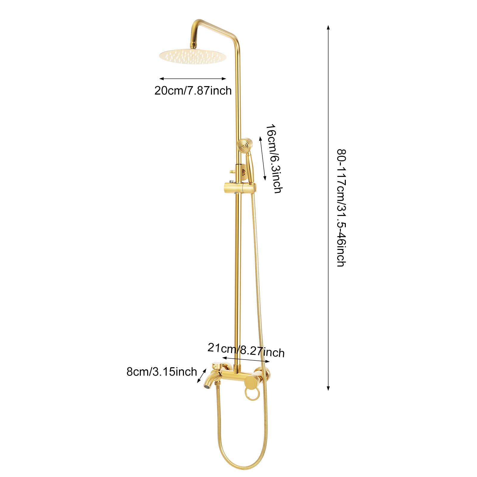Thermostat-Duschsystem Komplettset mit 7.8-Zoll Regenbrause & 2 Griffen (Höhenverstellbar 80-117cm) - Goldene Duscharmatur für Badezimmer/Waschräume - Wassersparende Luxus-Dusche