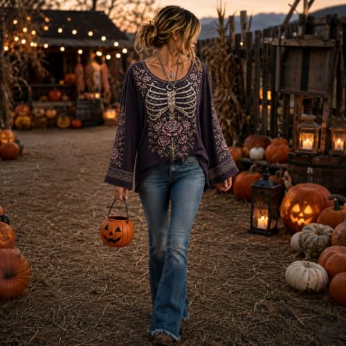 Womens Halloween Shirts Vintage Skeleton Bell Sleeve Crew Neck Top - image 4