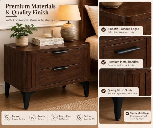 Image of Solid Sheesham Wood Bedside Table for Bedroom & Livingroom | Nightstand End Table with 2 Drawers Storage for Home | Modern & Luxury Design| (Walnut Finish)