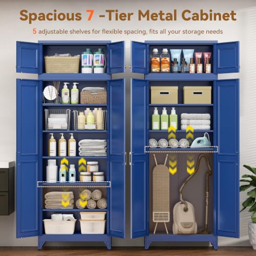 Image of Polup 90 inch Pantry Cabinet, Tall Metal Storage Cabinet with Doors and Shelves | Blue Kitchen Cabinet, 5 Adjustable Shelving, Heavy-Duty, 2 Gold Handles, 4 Standing Feet, for Dining Room Garage & Laundry