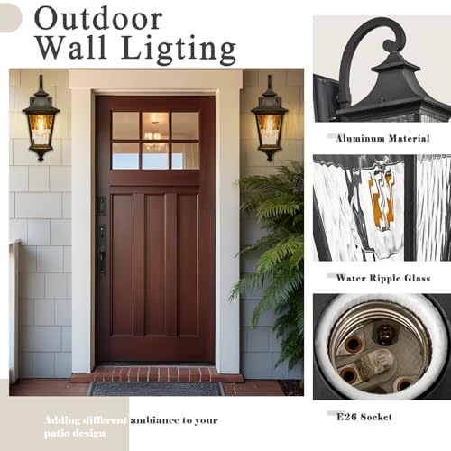 Image of Outdoor Wall Lights 21 Inch Large Size Exterior Porch Lights Wall Mount with Water Ripple Glass Black Outdoor Porch Light for Houses E26 Socket Downward Installation