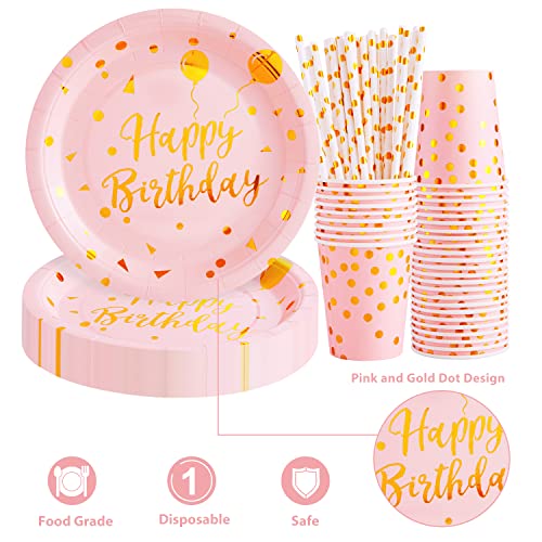 Larchio Pink Birthday Party Tableware, Pink And Gold Happy Birthday Plates And Napkins, Paper Cups For Girl Women Birthday Party Supplies #TOP2
