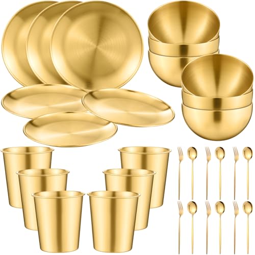 Jinei 30 Pcs 304 Stainless Steel Dinner Set Stainless Steel Plates and Bowls Include Plates Bowls Cups Forks Spoons Utensil Reusable Metal Camping Dinnerware Tableware for Home Picnic Kitchen (Gold)