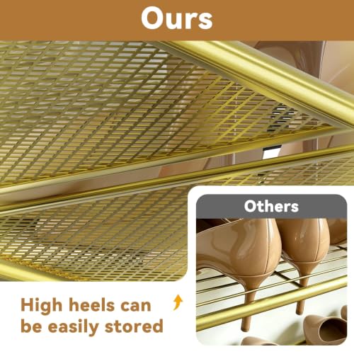 Image of Modern Shoe Rack, 3 Tier Heavy Duty Metal Mesh Shoe Shelf 27 Inch Wide, Gold