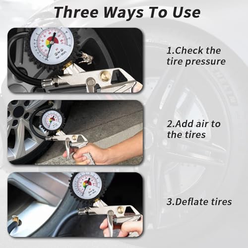 Image of Tire Pressure Gauge, 170 PSI Tire Inflator Gauge with Bike Presta Valve Adapter, 4 Valve Caps, Compatible with Cars, Suvs, Trucks and Motorcycles