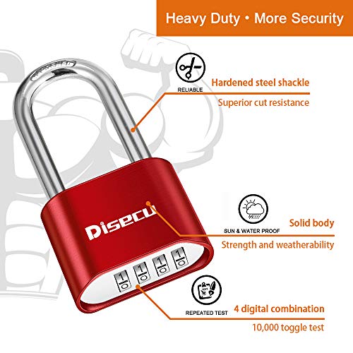 Image of 1 Pack disecu Heavy Duty 4 Digit Combination Lock, 2.5 Inch Long Shackle Outdoor Waterproof Padlock for School Gym Locker, Storage Unit, Fence, Gate, Toolbox (Red)