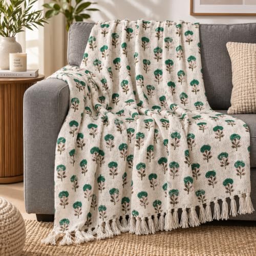 Image of Jute Cotton Hand Block Printed Sofa Throw 50 x 70 Inch or 127 x 177.8 Centimeters, Handmade Coverlet for Sofa, Couch & Living Room, Decorative Home Furnishing (Green Buti, Pack of 1)