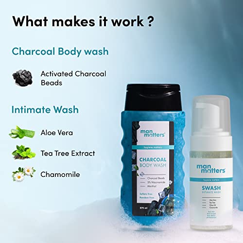 Image of Man Matters Intimate Wash 120ml & Charcoal Body Wash for Men with 5% Niacinamide 250 ml | Anti Bacterial, Anti Itch, Anti Odour | Paraben Free, & Cruelty Free