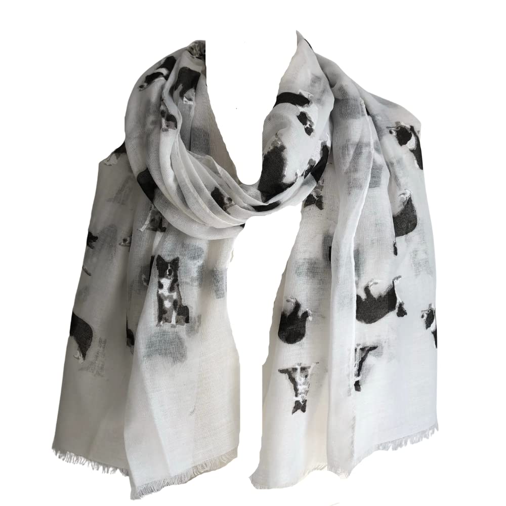 Pamper Yourself Now Women's White Border Collie Dog Long Scarf With Frayed Edge (White)