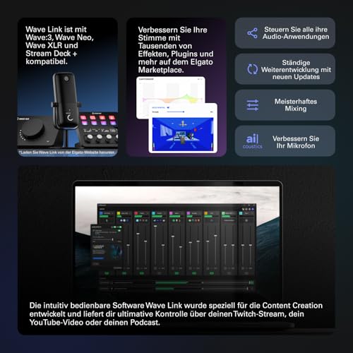 Elgato Wave:3 - Professionelles USB-Kondensatormikrofon für Streaming, Podcasts, Gaming und Homeoffice, gratis Mixing-Software, Soundeffekt-Plugins, Anti-Verzerrung, Plug & Play, für Mac - PC