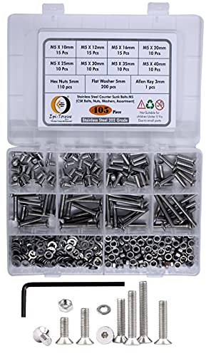 Image of Epi-Torque Stainless Steel 202 Grade Flat Head Internal Hex M5 Counter Sunk Full Thread Nuts & Bolts Assortment with Matching Hex Nuts, Flat Washer & Allen Keys Pack of 405 Pcs