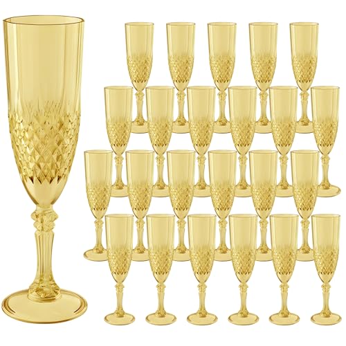 LEYIQU Plastic Champagne Flutes Champagne Glasses Bulk Reusable Unbreakable Acrylic Wine Glasses Goblets for Weddings Bachelor Parties Toasting Bridal Shower (24 Gold)