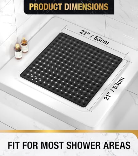 Image of HITSLAM Shower Mat Anti Slip, Square Bath Mat for Tub Non Slip with Suction Cups and Drain Holes, 21x21 Inch Bathroom Shower Stall Floor Mat, Machine Washable, Soft on Feet, Black