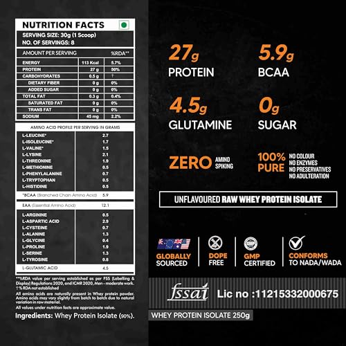 Image of AS-IT-IS Nutrition Whey Protein Isolate 90% - 250 Gms | Protein 27g & BCAA 5.9g per serving