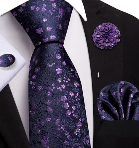 Image of Dubulle Mens Tie and Lapel Pin Paisley Striped Floral Necktie for Men Pocket Square Cufflinks 4PCS Set Wedding Party
