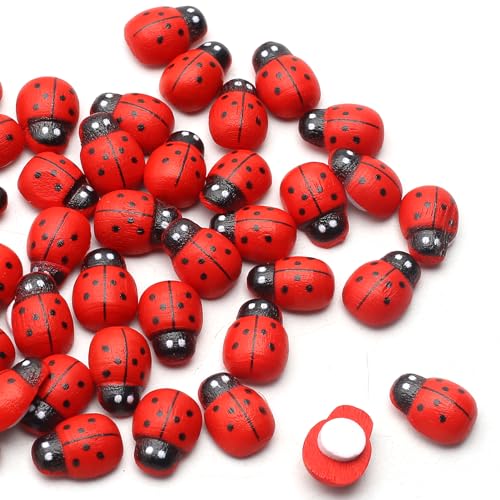 YIEUR Lot de 200 Mini décorations de Coccinelle en Bois Autocollantes Petites décorations pour fête prénatale, Costume, Bricolage, Artisanat, Scrapbooking,...
