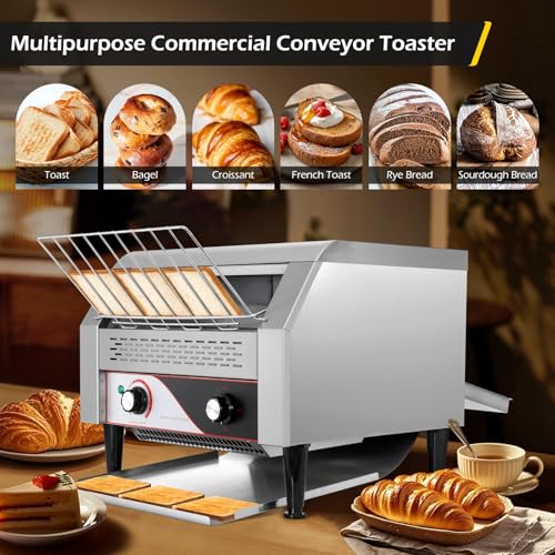 Image of Dyna-Living Commercial Conveyor Toaster 450 Slices /Hour Restaurant Conveyor Toaster for Bun Bagel Bread, 1900W Heavy Duty Stainless Steel Commercial Toasters Bun Toasters