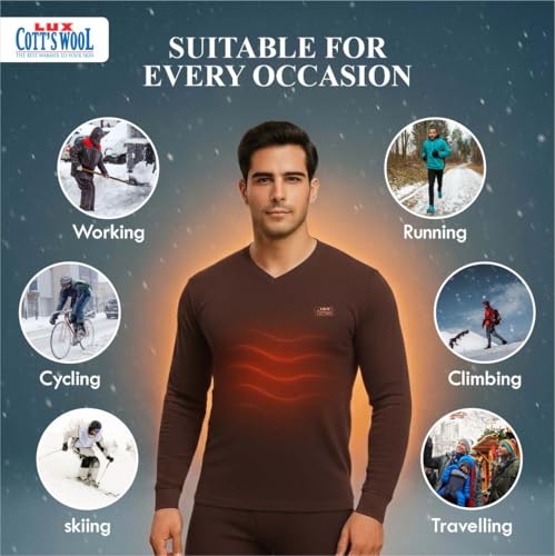 Image of Lux Cottswool Men's Cotton Thermal Set | Top & Bottom Body Warmer | V-Neck Winterwear | Full Sleeves & Snug Fit with Stay Warm Technology | Skin Friendly with Superior Heat Retention