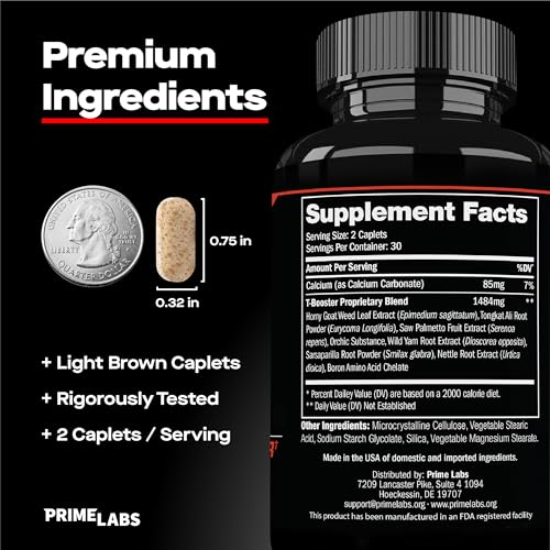 Image of Prime Labs Testosterone Supplement for Men (2-Pack) - Stamina, Endurance, Energy, & Strength - Men's Testosterone Booster & Workout Supplement - 120 Caplets