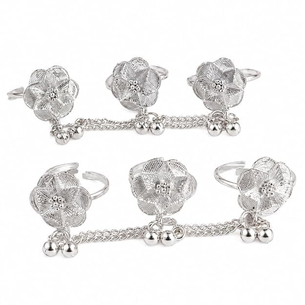 siya creation stores Silver Floral Toe Ring Set with Chain and Ghungroo Bells-picture-25