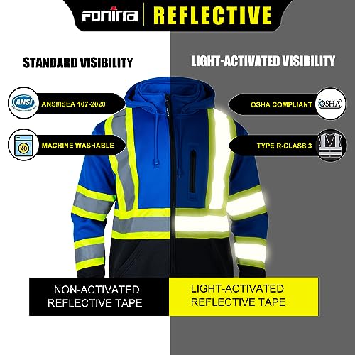 FONIRRA Hi Vis Safety Fleece Zip Hoodie for Men Reflective Sweatshirts ANSI Class 3 Jackets Detachable Hood (Blue,L) - Image 6