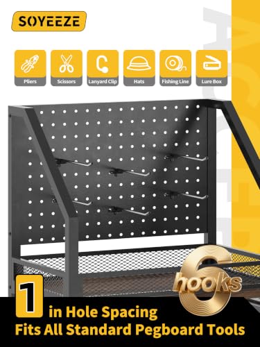 Image of SOYEEZE Fishing Rod Holders for Garage, Fishing Pole Holders Up to 12 Rods with Pegboard and Hooks,Rolling Fishing Cart with Wheels, Fishing Gear Storage For Tackle Box & Reel Organization- 10 Hooks