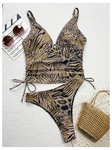 Women's 2 Piece Leopard Print Tankini Set Ruched Drawstring High Cut Bathing Suit4