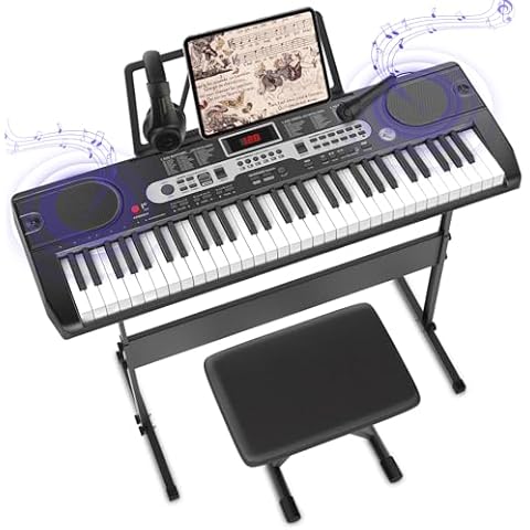 Fujampe Electric Keyboard Piano W/Teaching Mode, Keyboard Stand, Piano Bench, Microphone, Headphones, Note Stickers, Music Stand, Portable Electronic 61 Key Piano Keyboard for Beginners (Lighted Keys) Cover