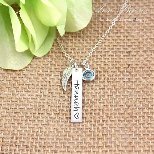 Guardian Angel Wing Sterling Silver Necklace for Woman Laser Engraved Name with Birthstone Jewelry Personalized Kids Name Nameplate Pendant4