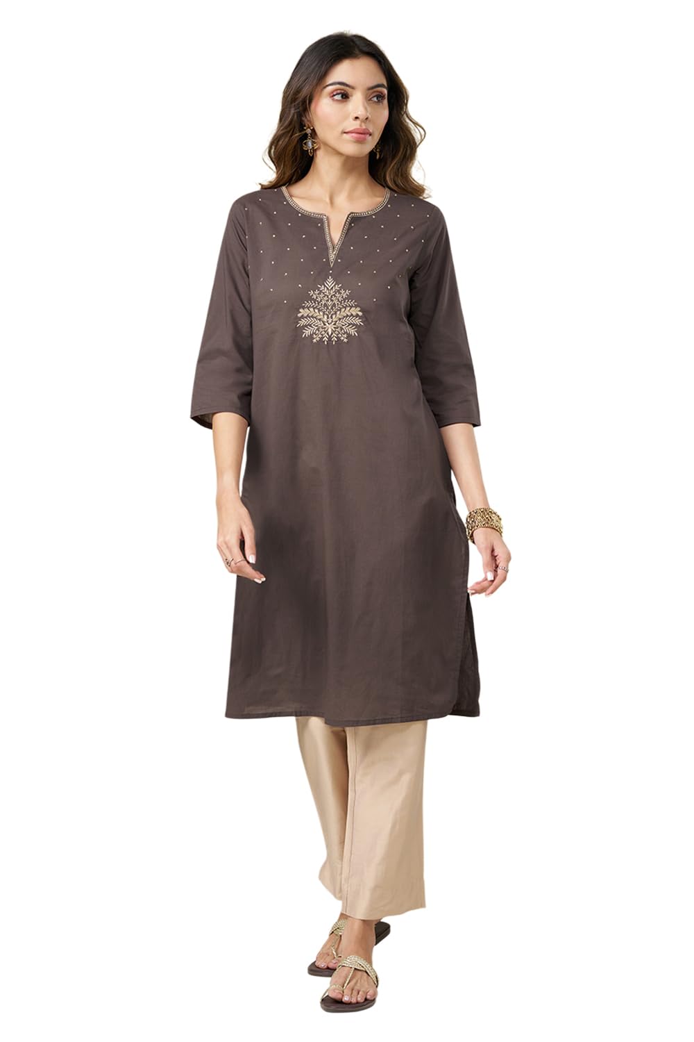 rangmanch by pantaloons Women Pure Cotton Embroidered Kurta | Knee-Length | 3/4 Sleeve | Round Neck | Festive-picture-10