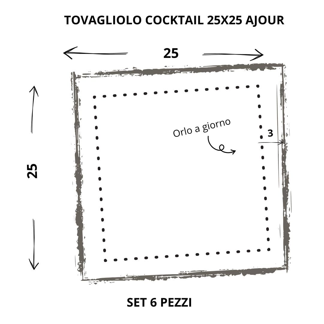 Cuore di Lino - Set di 6 Tovaglioli in Lino Bianco Ottico – Orlo Ajour – Decorazioni Raffinate per Tavola, 25x25 cm, Made in Italy