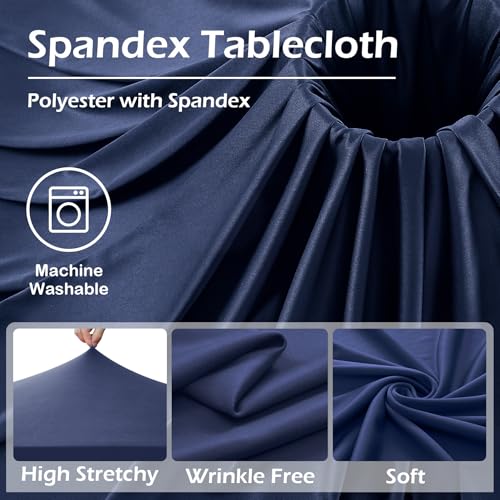 Image of 4 pk Navy Blue Spandex Tablecloth 6ft with Ruffled Skirt, Wrinkle Free High Stretch Fitted Tablecloths for 6 Foot Rectangle Tables, Elastic Navy Spandex Table Covers 6 ft for Graduation Wedding Party
