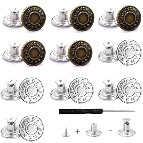 10Pcs Jean Button Pins - 17mm No Sew Replacement Buttons with Screwdriver - Adjustable for Jeans