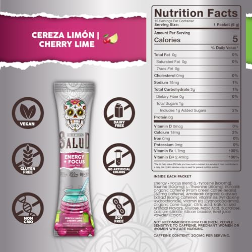 Image of Salud 2-in-1 Energy Drink Powder + Focus, Cherry Lime, Organic Caffeine, B6 + B12, Theanine, Clean Energy Drink Packets, Agua Fresca Mix, Non-GMO, Gluten Free, Vegan, 1g of Sugar, (15 Servings)