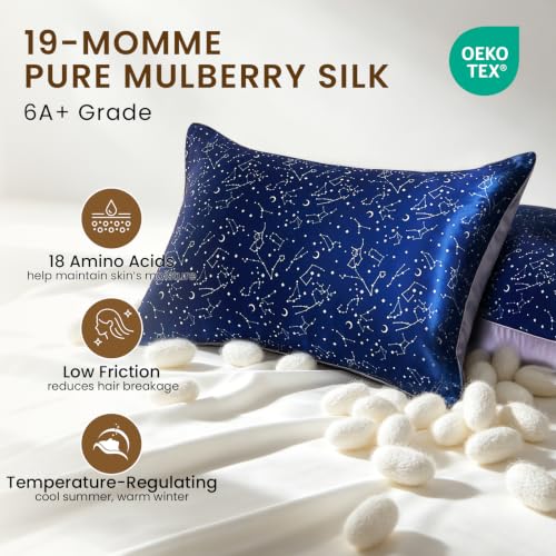 Image of THXSILK Natural Mulberry Silk Pillowcase for Hair and Skin Heath, Grade 6A+ Mulberry Silk Hypoallergenic Pillow Cover with Zipper, 1pc (King 20 inchx36 inch, Navy Blue Constellation Pattern)