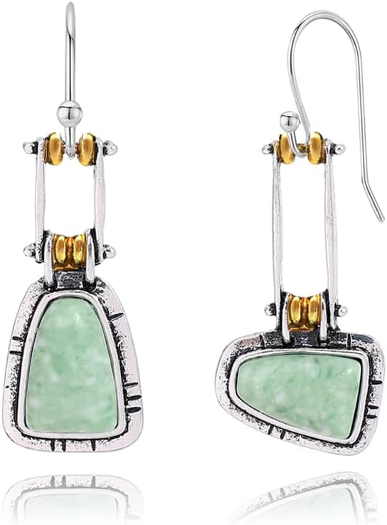Vintage Boho Earrings for Women Girls Creative Handmade Silver Bohemian Retro Green Emerald Gemstone Dangle Drop Asymmetrical Statement Earrings Jewelry Gifts