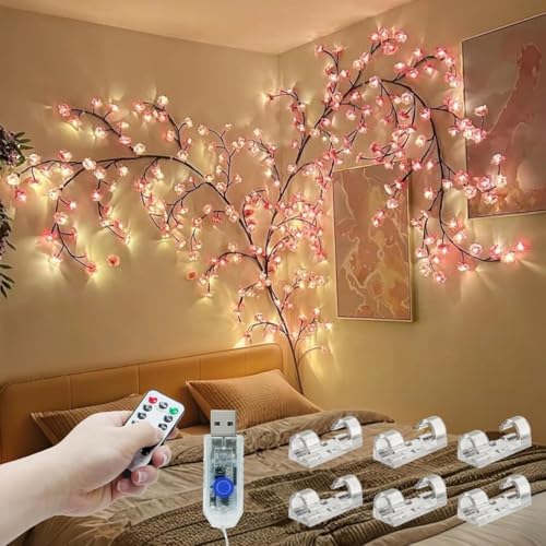 Image of Cherry Blossom LED Wall Tree Lights with Remote | USB Powered Decorative Fairy String Lights for Bedroom, Living Room, Home Decor, Romantic Lighting, Festival & Gift Decoration