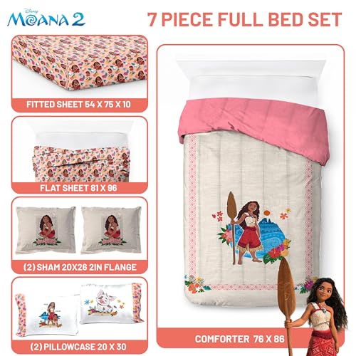 Image of Disney Moana Full Comforter Set 7 Piece Kids Bedding for Girls, Beige