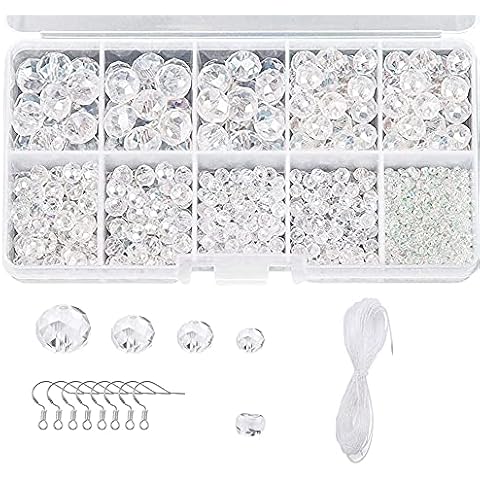 Crystal Beads Kit, 900+ Pieces Clear Crystal Beads Multi-Faceted Jewellery Glass Beads for Craft Decoration and Jewellery Making with Storage Box, Ear Hook and Elastic Thread (2-10mm, Clear) (White) Cover