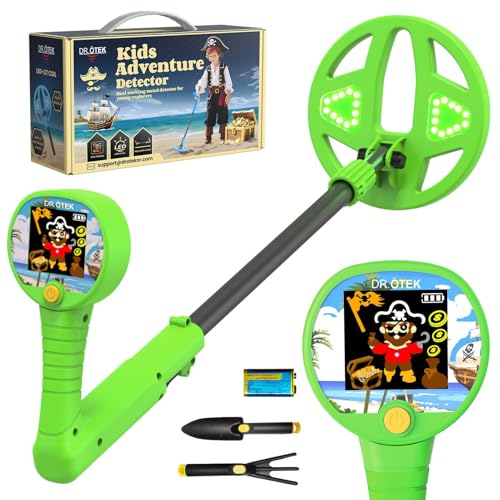 DR.ÖTEK Metal Detector for Kids - Innovative 2.4” Color LCD Display, 6.7” LED-Lit Coil, Adjustable & Lightweight Kids Metal Detector with Safe Rubber Grip, STEM Gifts for Boys & Girls Ages 3-12, Green
