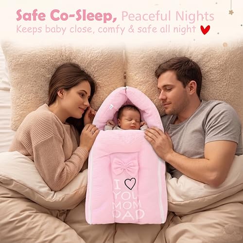 Image of Fareto Combo of Baby Bed with Net | Carry Bag | 4 Pcs Bedding Set (0-6 Months, Baby Size, Cotton) (M Pink)