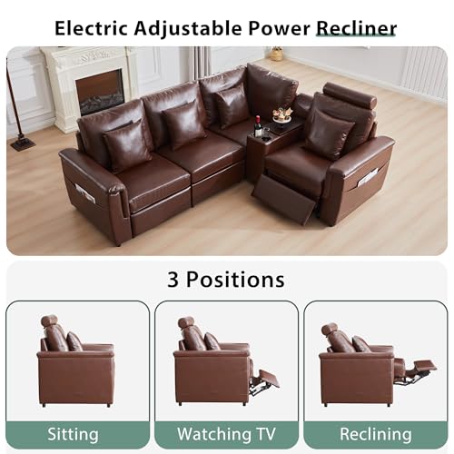Image of RARZOE Modular Sectional Sofa with Power Recliner, 4-Seater L-Shaped Reclining Couch, Faux Leather Couches with Storage Console Charging Cup Holders, Modern Comfy Sofa for Living Room,Brown