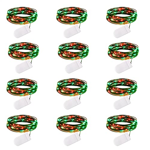 Brightown 12 Pack Led Fairy Lights Battery Operated String Lights Waterproof Silver Wire 7 Feet 20 Led Firefly Starry Moon Lights for DIY Wedding Party Bedroom Patio Christmas (12 Pack, Red & Green)