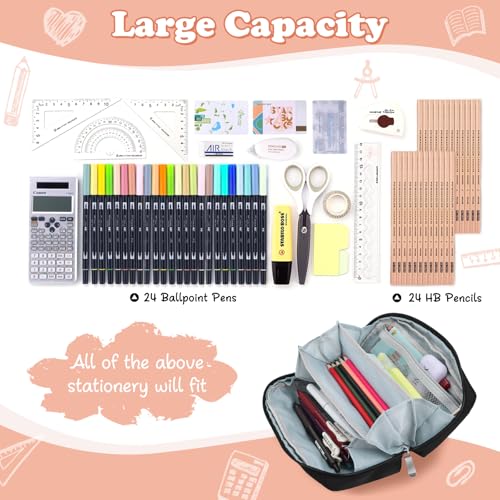 Image of Pencil Case for Teens Adults Boys, Large Capacity Pencil Pouch for Office College School, Multifunctional Portable Organizer for Cosmetics Stationery Supplies (Black)