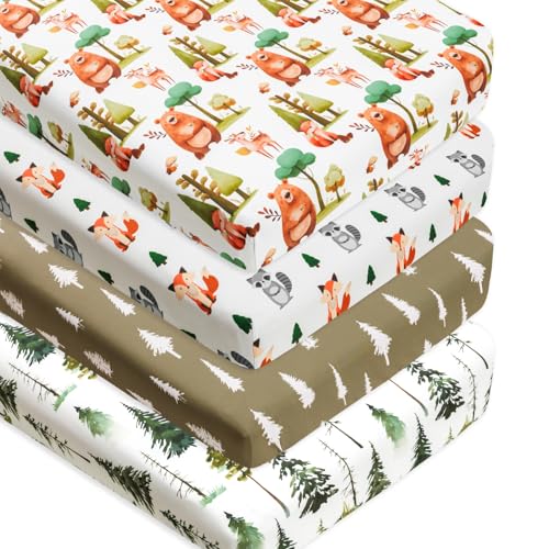 Image of 4 Pack Woodland Forest Animals Wood Neutral Unisex Fitted Baby Crib Sheets Set for Baby Boys or Girls Black and White