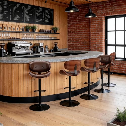Image of Adjustable Swivel Bar Stools Chair,Counter Height Bar Stools with Back,350 LBS PU Leather Bar Stool for Kitchen Island,Upholstered Pub Stools with Footrest (Brown, Set of 5)