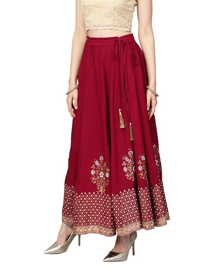 Rajasthani Jaipuri Women Traditional Ethnic Flared Gold Print Long Skirt Elastic with Full Length Free Size l Skirts for Women_Royal_Model_01-picture-36
